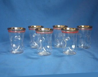 Set of 6 Vintage Gold and Red Stripe Juice Glasses