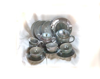 13 Piece Vintage Japan Green Luster Ware Tea Set and Plates