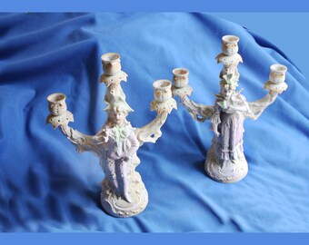 Antique Continental Bisque Porcelain Candelabra Pair Youth Figurines Boy and Girl