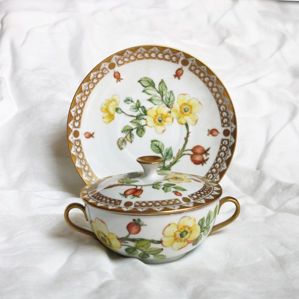 Vintage B & G Bing and Grondahl Kjobenhavn Denmark Porcelain Soup Bowl with Lid and Saucer Wild Rose Design