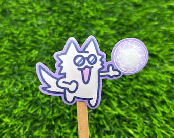 May include: A white cartoon dog wearing sunglasses and holding a purple orb with white lightning bolts. The dog is outlined in purple and is on a wooden stick.