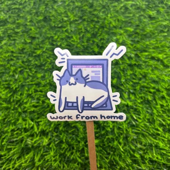 Work From Home Cat Laptop Sticker - Waterproof Vinyl Decal AI FREE Human Made
