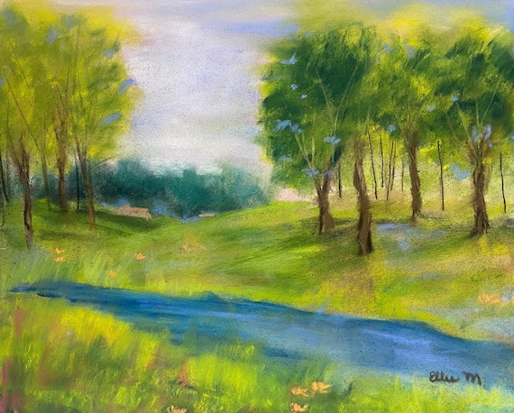 IMPRESSIONIST LANDSCAPE. OIL PASTEL ON PAPER Painting by Yulia Schuster