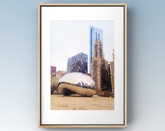 Millennium Park Chicago Fall Watercolor Print Chicago Bean Travel Poster Cloud Gate Chicago Watercolor Painting