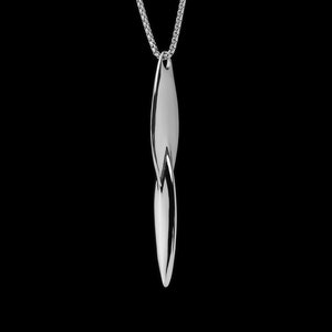 May include: A silver chain necklace with a long, thin, silver pendant that is twisted and has a pointed end.