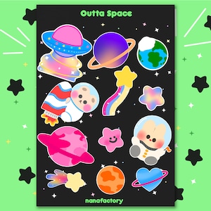 Outta Space Sticker Sheet l Perfekt für Bullet Journal Diaries Briefpapier l Space Theme l Bunte matte Aufkleber mit niedlichen Charakteren