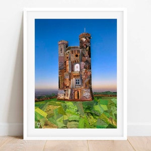 May include: A collage of a tower made of various windows and doors, set against a blue sky with a green grassy field at the base.