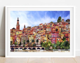 A3/A4 France 'Menton, French Riviera' Art Print, South East France Art, Collage Art, French Art, Holiday Destination Print, France Poster