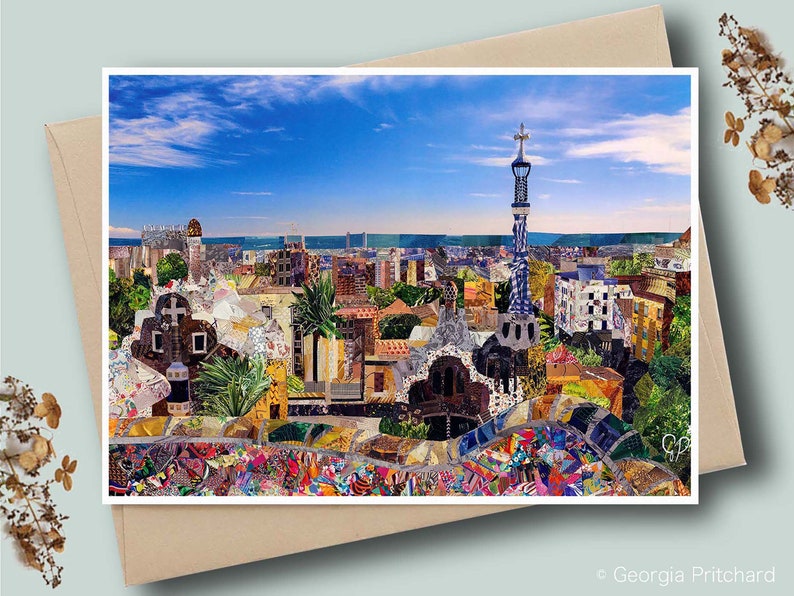 Barcelona Card, Barcelona City Card, Spain Gift, Travel Card, Spain Art, City Greeting Card, Collage Art Card, Barcelona greeting card image 2