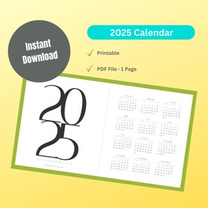 One Page 2025 Calendar, Printable PDF, Sunday Start 2025, A4 Letter Size Wall Calendar,  Monthly Planner, Printable 2025 Landscape Calendar