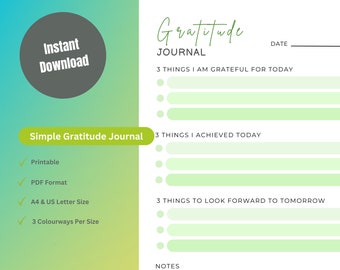 Gratitude Journal Instant Digital Download, Daily Reflection Gratitude Journal, Simple Daily Gratitude Journal Printable, 3 Colour Versions