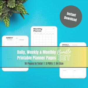 Daily weekly monthly printable planner set, Simple productivity planners A4, Simple productivity planner printable instant digital, Planners