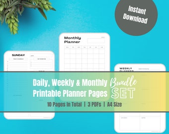 Daily weekly monthly printable planner set, Simple productivity planners A4, Simple productivity planner printable instant digital, Planners