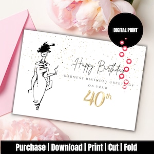 Biglietto di auguri di compleanno digitale stampabile istantaneo per donne 40, biglietto di auguri di buon compleanno digitale stampabile per donne, biglietto di auguri di compleanno digitale elegante, biglietto stampabile