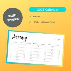 Kalender 2025, afdrukbare pdf, kalender Sunday Start 2025, wandkalender A4-formaat, maandplanner, afdrukbare liggende kalender 2025
