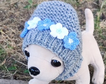 Gray handmade dog hat with flowers, Woolen winter hat for chihuahua,Puppy hat, Snow hat for small dogs, Hand knitted dog gift,Yorkie hat