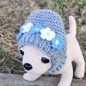 Gray handmade dog hat with flowers, Woolen winter hat for chihuahua,Puppy hat, Snow hat for small dogs, Hand knitted dog gift,Yorkie hat
