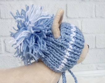 Blue knitted woolen dog hat with pom pom,Snow hat for small dogs,Hand knitted dog gift, Puppy clothing, Chihuahua winter hat, dog lover gift