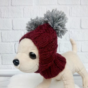 Red handmade dog  hat with gray pompoms Knit dog hat Crochet puppy hat Snow hat for small dogs Hand knitted dog gift Pompom dog hat