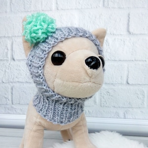 Pompom handmade pet knit hat, Gray dog hat, Grey puppy hat with pompom, Snow hat for small dogs, Hand knitted dog gift, Pompom dog hat