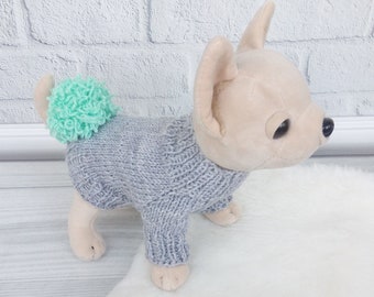 Grey pompom handmade sweater for dogs, Personalized puppy sweater, Knit woolen sweater for pets,  Woolen dog vest, Warm dogs clothes
