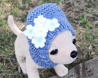 Blue crochet dog hat with whie flowers, Woolen winter hat for chihuahua,Puppy hat, Snow hat for small dogs, Yorkie hat