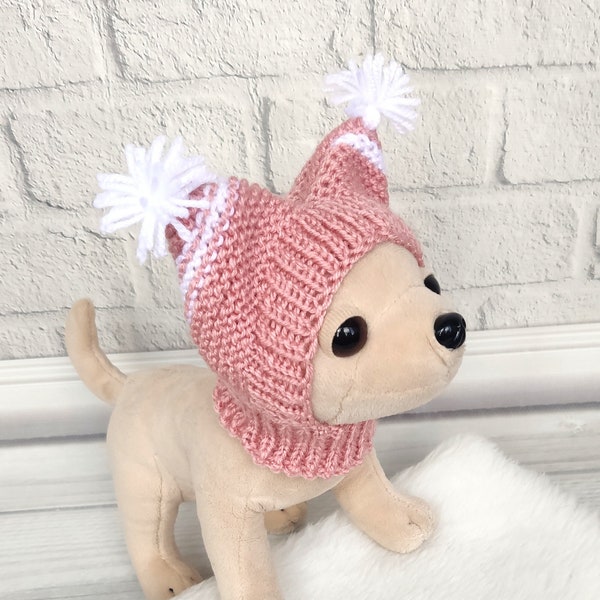 Pink knitted dog hat, Dog pom pom hat, Puppy hat, Chihuahua hat, Yorkie dog snood, Gifts for pets, Yorkie dog clothes, Chihuahua clothing