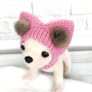 Pink knitted dog hat with fluffy pom poms,Puppy hat, Chihuahua hat, Yorkie dog snood, Gifts for pets, Yorkie dog clothes, handmade clothing