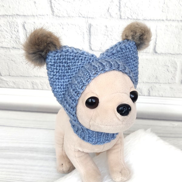 Blue knitted dog hats, Dog pom pom hat, Puppy hat, Chihuahua hat, Yorkie dog snood, Gifts for pets, Yorkie dog clothes, Chihuahua clothing