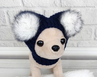 Blue knitted dog hat, Dog pom pom hat, Puppy hat, Chihuahua hat, Yorkie dog snood, Gifts for pets, Yorkie dog clothes, Chihuahua clothing