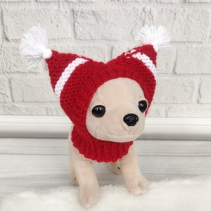 Red knitted dog hat, Dog pom pom hat, Puppy hat, Chihuahua hat, Yorkie dog snood, Gifts for pets, Yorkie dog clothes, handmade dog hat
