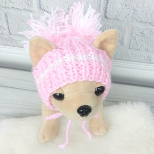 Pompom pet pink knit apparel Dog outfit Puppy hat Snow hat for small dogs Hand knitted dog gift Pompom dog hat