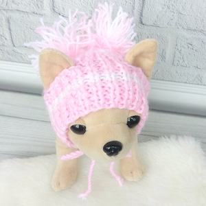 Pompom handmade pet pink knit apparel Dog outfit Puppy hat Snow hat for small dogs Hand knitted dog gift Pompom dog hat