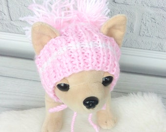 Pompom pet pink knit apparel Dog outfit Puppy hat Snow hat for small dogs Hand knitted dog gift Pompom dog hat