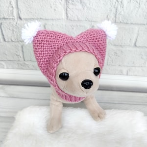 Pink knitted dog hats, Dog pom pom hat, Puppy hat, Chihuahua hat, Yorkie dog snood, Gifts for pets, Yorkie dog clothes, handmade dog hat