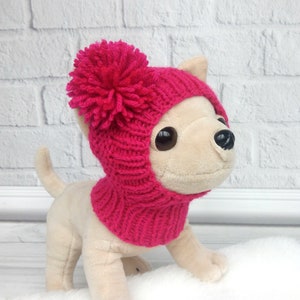 Pompom handmade pet knit apparel Dog outfit Red puppy hat Snow hat for small dogs Hand knitted dog gift Pompom dog hat
