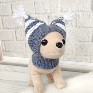 Gray knitted dog hat, Dog pom pom hat, Puppy hat, Chihuahua handmade hat, Yorkie dog snood, Gifts for pets, Yorkie dog clothes, dog clothing