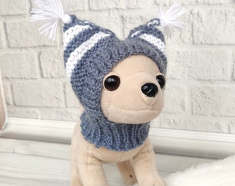 Gray knitted dog hat, Dog pom pom hat, Puppy hat, Chihuahua hat, Yorkie dog snood, Gifts for pets, Yorkie dog clothes, Chihuahua clothing