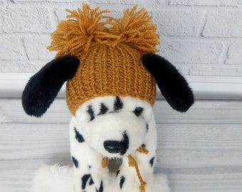 Knit handmade dog hat with a pompom, Brown hat for dogs, Winter dog hat, Crochet pet hat