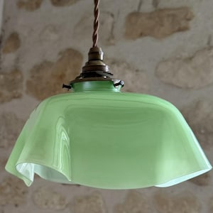 Vintage fransk fyrkantig glasskärm med taklampa, grön