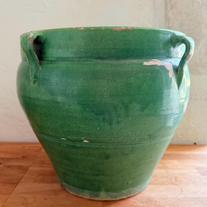 Large Antique French Green Glazed 4-Handled Terracotta Provence Confit Pot
