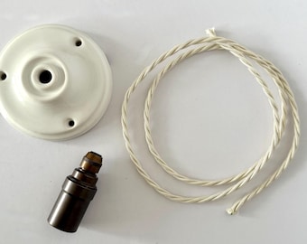 Pendant Light Kit: White Ceramic Ceiling Rose, Twisted Cable, Antiqued Brass E14 Bulb Holder