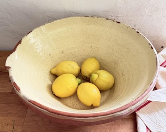 Vintage French Glazed Yellow Terracotta Tian Dairy Bowl Pancheon 36cm