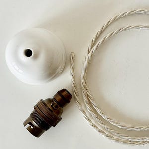 Traditional Domed Ceramic Ceiling Rose, Electric Cable & Antiqued Bulb Holder Pendant Light Set: Various Options
