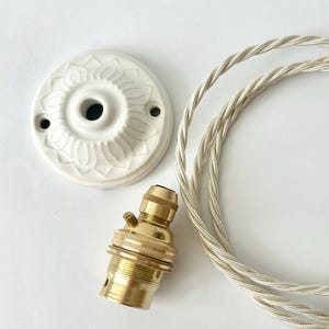 May include: A white ceramic ceiling rose with a floral pattern, a brass light socket, and a cream-coloured twisted electrical cord. The components are arranged on a white surface, suggesting a lighting fixture assembly.