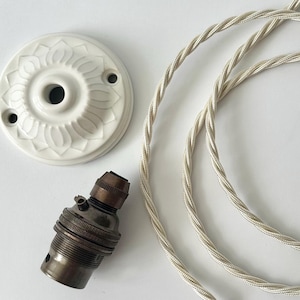 Patterned Floral Ceramic Ceiling Rose, Electric Cable & Bulb Holder Pendant Light Set 2 colours