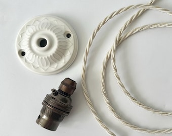 Floral Ceramic Ceiling Light Set: Twisted Fabric Cable and Antiqued B22 Bulb Holder