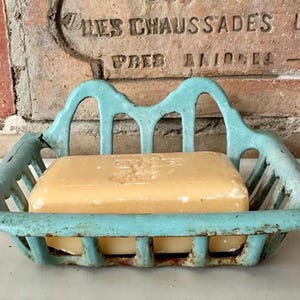 Vintage French Enamel Soap Dish Blue-Green