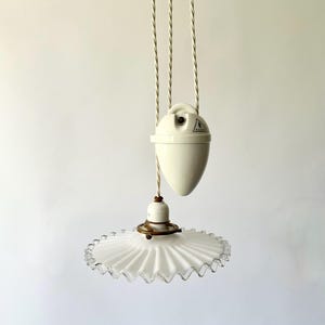 Vintage French Rise & Fall Ceiling Light with Pleated Opaline Shade