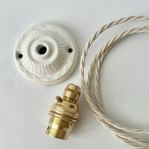 Patterned Floral Ceramic Ceiling Rose, Electric Cable & Bulb Holder Pendant Light Set 2 colours